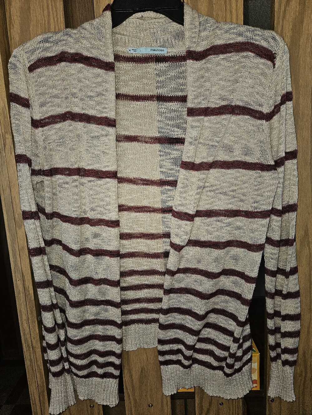 Maurices Sz XL Cream and Burgundy Striped Open Cardigan